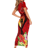 Hawaii Valentine Day Short Sleeve Bodycon Dress Couple on Beach mix Hibiscus and Polynesian Tattoo LT03 - Polynesian Pride