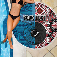 Personalised Aotearoa and Fiji Together Beach Blanket Melanesian Warrior and Koru - Taniko with Hibiscus Tapa Pattern