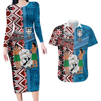 Personalised Aotearoa and Fiji Together Couples Matching Long Sleeve Bodycon Dress and Hawaiian Shirt Melanesian Warrior and Koru - Taniko with Hibiscus Tapa Pattern