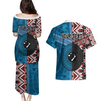 Personalised Aotearoa and Fiji Together Couples Matching Puletasi and Hawaiian Shirt Melanesian Warrior and Koru - Taniko with Hibiscus Tapa Pattern