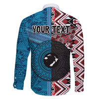 Personalised Aotearoa and Fiji Together Family Matching Long Sleeve Bodycon Dress and Hawaiian Shirt Melanesian Warrior and Koru - Taniko with Hibiscus Tapa Pattern