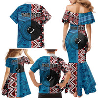 Personalised Aotearoa and Fiji Together Family Matching Mermaid Dress and Hawaiian Shirt Melanesian Warrior and Koru - Taniko with Hibiscus Tapa Pattern