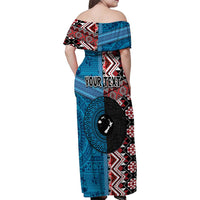 Personalised Aotearoa and Fiji Together Family Matching Off Shoulder Maxi Dress and Hawaiian Shirt Melanesian Warrior and Koru - Taniko with Hibiscus Tapa Pattern