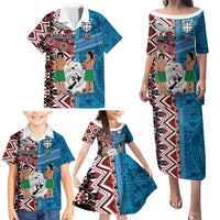 Personalised Aotearoa and Fiji Together Family Matching Puletasi and Hawaiian Shirt Melanesian Warrior and Koru - Taniko with Hibiscus Tapa Pattern