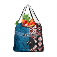 Personalised Aotearoa and Fiji Together Grocery Bag Melanesian Warrior and Koru - Taniko with Hibiscus Tapa Pattern