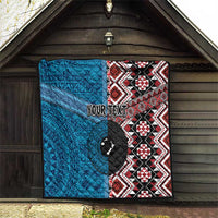 Personalised Aotearoa and Fiji Together Quilt Melanesian Warrior and Koru - Taniko with Hibiscus Tapa Pattern