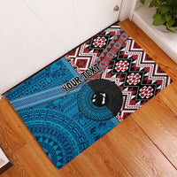 Personalised Aotearoa and Fiji Together Rubber Doormat Melanesian Warrior and Koru - Taniko with Hibiscus Tapa Pattern