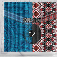 Personalised Aotearoa and Fiji Together Shower Curtain Melanesian Warrior and Koru - Taniko with Hibiscus Tapa Pattern