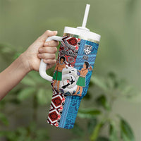Personalised Aotearoa and Fiji Together Tumbler With Handle Melanesian Warrior and Koru - Taniko with Hibiscus Tapa Pattern