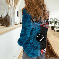 Personalised Aotearoa and Fiji Together Women Casual Shirt Melanesian Warrior and Koru - Taniko with Hibiscus Tapa Pattern