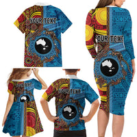 Personalised Australia and Fiji Together Family Matching Long Sleeve Bodycon Dress and Hawaiian Shirt Tribal Palm Tree with Tapa and Aboriginal Animals Half Style