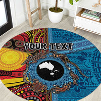 Personalised Australia and Fiji Together Round Carpet Tribal Palm Tree with Tapa and Aboriginal Animals Half Style LT03 Blue - Polynesian Pride