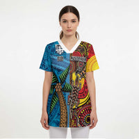 Personalised Australia and Fiji Together Scrub Top Tribal Palm Tree with Tapa and Aboriginal Animals Half Style - Polynesian Pride