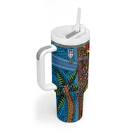 Personalised Australia and Fiji Together Tumbler With Handle Tribal Palm Tree with Tapa and Aboriginal Animals Half Style