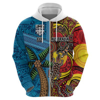 Personalised Australia and Fiji Together Zip Hoodie Tribal Palm Tree with Tapa and Aboriginal Animals Half Style