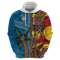Personalised Australia and Fiji Together Zip Hoodie Tribal Palm Tree with Tapa and Aboriginal Animals Half Style