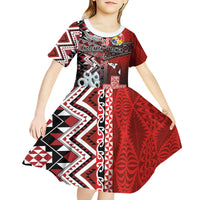 Personalised Aotearoa and Tonga Together Kid Short Sleeve Dress Manaia and Tongan Tribal Cross - Taniko and Ngatu Art Tattoo