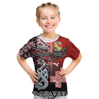 Personalised Aotearoa and Tonga Together Kid T Shirt Manaia and Tongan Tribal Cross - Taniko and Ngatu Art Tattoo
