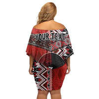 Personalised Aotearoa and Tonga Together Off Shoulder Short Dress Manaia and Tongan Tribal Cross - Taniko and Ngatu Art Tattoo