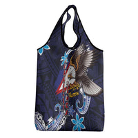 American Samoa Flag Day Grocery Bag Bald Eagle with Uatogi and Fue - Polynesian and Floral Tribal Tattoo