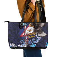 American Samoa Flag Day Leather Tote Bag Bald Eagle with Uatogi and Fue - Polynesian and Floral Tribal Tattoo