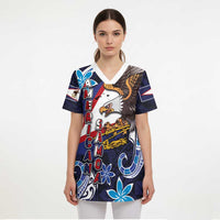 American Samoa Flag Day Scrub Top Bald Eagle with Uatogi and Fue - Polynesian and Floral Tribal Tattoo LT03 - Polynesian Pride