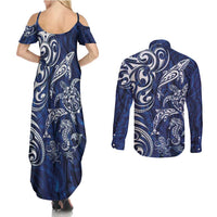New Zealand Connecting with Seas Couples Matching Summer Maxi Dress and Long Sleeve Button Shirt Maori Tribal and Sea Animals Tattoo - White Glass Style