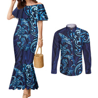 New Zealand Connecting with Seas Couples Matching Mermaid Dress and Long Sleeve Button Shirt Maori Tribal and Sea Animals Tattoo - Sea Texture Glass Style