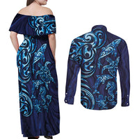 New Zealand Connecting with Seas Couples Matching Off Shoulder Maxi Dress and Long Sleeve Button Shirt Maori Tribal and Sea Animals Tattoo - Sea Texture Glass Style