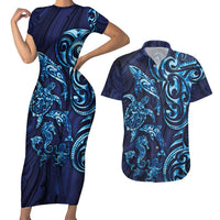 New Zealand Connecting with Seas Couples Matching Short Sleeve Bodycon Dress and Hawaiian Shirt Maori Tribal and Sea Animals Tattoo - Sea Texture Glass Style