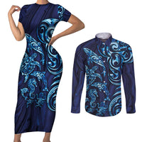 New Zealand Connecting with Seas Couples Matching Short Sleeve Bodycon Dress and Long Sleeve Button Shirt Maori Tribal and Sea Animals Tattoo - Sea Texture Glass Style