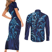 New Zealand Connecting with Seas Couples Matching Short Sleeve Bodycon Dress and Long Sleeve Button Shirt Maori Tribal and Sea Animals Tattoo - Sea Texture Glass Style