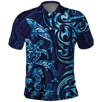 New Zealand Connecting with Seas Polo Shirt Maori Tribal and Sea Animals Tattoo - Sea Texture Glass Style