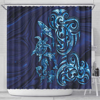 New Zealand Connecting with Seas Shower Curtain Maori Tribal and Sea Animals Tattoo - Sea Texture Glass Style