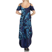 New Zealand Connecting with Seas Summer Maxi Dress Maori Tribal and Sea Animals Tattoo - Sea Texture Glass Style