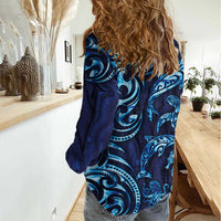 New Zealand Connecting with Seas Women Casual Shirt Maori Tribal and Sea Animals Tattoo - Sea Texture Glass Style