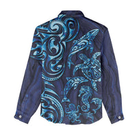 New Zealand Connecting with Seas Women Casual Shirt Maori Tribal and Sea Animals Tattoo - Sea Texture Glass Style