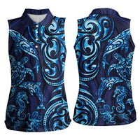 New Zealand Connecting with Seas Women Sleeveless Polo Shirt Maori Tribal and Sea Animals Tattoo - Sea Texture Glass Style