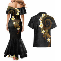 Polynesian Spiral Tribal Tattoo Couples Matching Mermaid Dress and Hawaiian Shirt Golden Color LT03 - Polynesian Pride