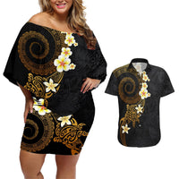 Polynesian Spiral Tribal Tattoo Couples Matching Off Shoulder Short Dress and Hawaiian Shirt Golden Color LT03 Yellow - Polynesian Pride