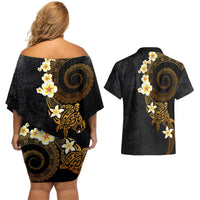 Polynesian Spiral Tribal Tattoo Couples Matching Off Shoulder Short Dress and Hawaiian Shirt Golden Color LT03 - Polynesian Pride