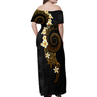 Polynesian Spiral Tribal Tattoo Family Matching Off Shoulder Maxi Dress and Hawaiian Shirt Golden Color