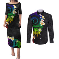Polynesian Spiral Tribal Tattoo Couples Matching Puletasi and Long Sleeve Button Shirt Fanciful Color LT03 Black - Polynesian Pride
