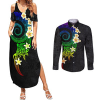 Polynesian Spiral Tribal Tattoo Couples Matching Summer Maxi Dress and Long Sleeve Button Shirt Fanciful Color LT03 Black - Polynesian Pride