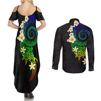 Polynesian Spiral Tribal Tattoo Couples Matching Summer Maxi Dress and Long Sleeve Button Shirt Fanciful Color LT03 - Polynesian Pride