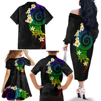 Polynesian Spiral Tribal Tattoo Family Matching Off The Shoulder Long Sleeve Dress and Hawaiian Shirt Fanciful Color