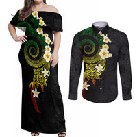 Polynesian Spiral Tribal Tattoo Couples Matching Off Shoulder Maxi Dress and Long Sleeve Button Shirt Reggae Color LT03 Reggae - Polynesian Pride