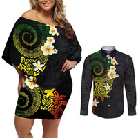 Polynesian Spiral Tribal Tattoo Couples Matching Off Shoulder Short Dress and Long Sleeve Button Shirt Reggae Color LT03 Reggae - Polynesian Pride
