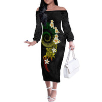 Polynesian Spiral Tribal Tattoo Family Matching Off The Shoulder Long Sleeve Dress and Hawaiian Shirt Reggae Color