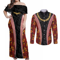 Hawaii Lei and Hibiscus Flowers Tribal Couples Matching Off Shoulder Maxi Dress and Long Sleeve Button Shirt Patchwork Abstract Vintage LT03 Red - Polynesian Pride